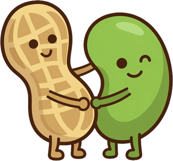 Peanut and Bean, the Peanutbean mascots, hugging